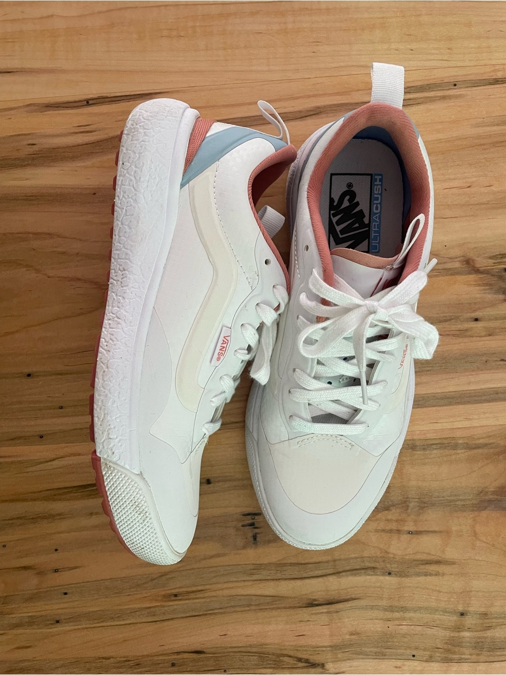 Vans White Sneakers with Pink and Light Blue Accents